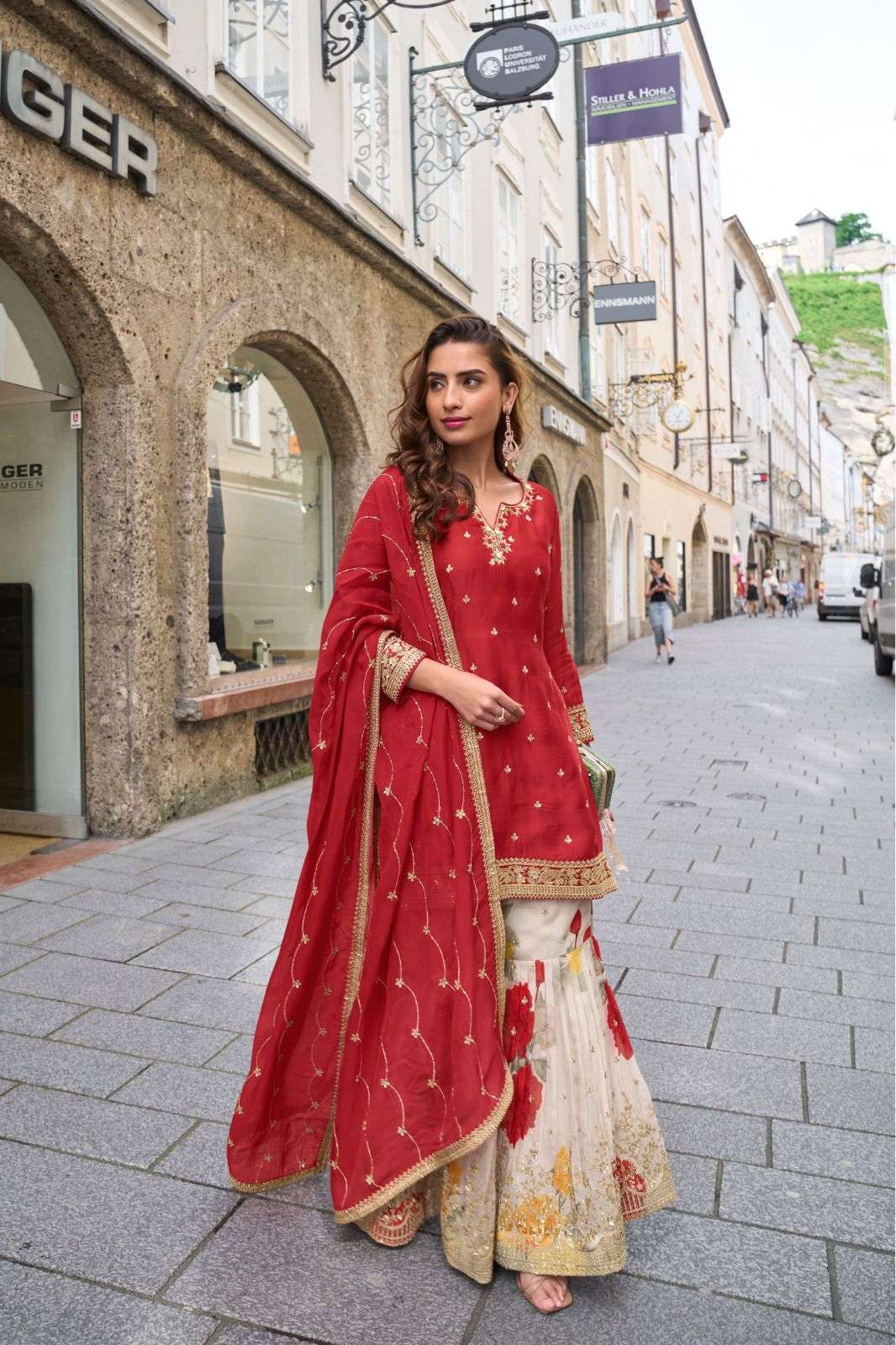 Falita Fancy Worked Exclusive Designer Real Chinon Palazzo Suit